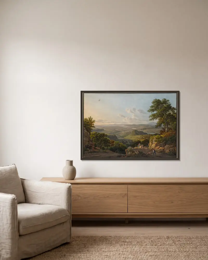 Blick vom Muttenzer Steinbruch auf Basel von Peter Birmann gerahmt an einer Wand