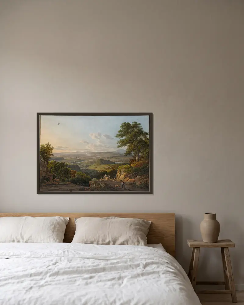 Blick vom Muttenzer Steinbruch auf Basel von Peter Birmann gerahmt an einer Wand