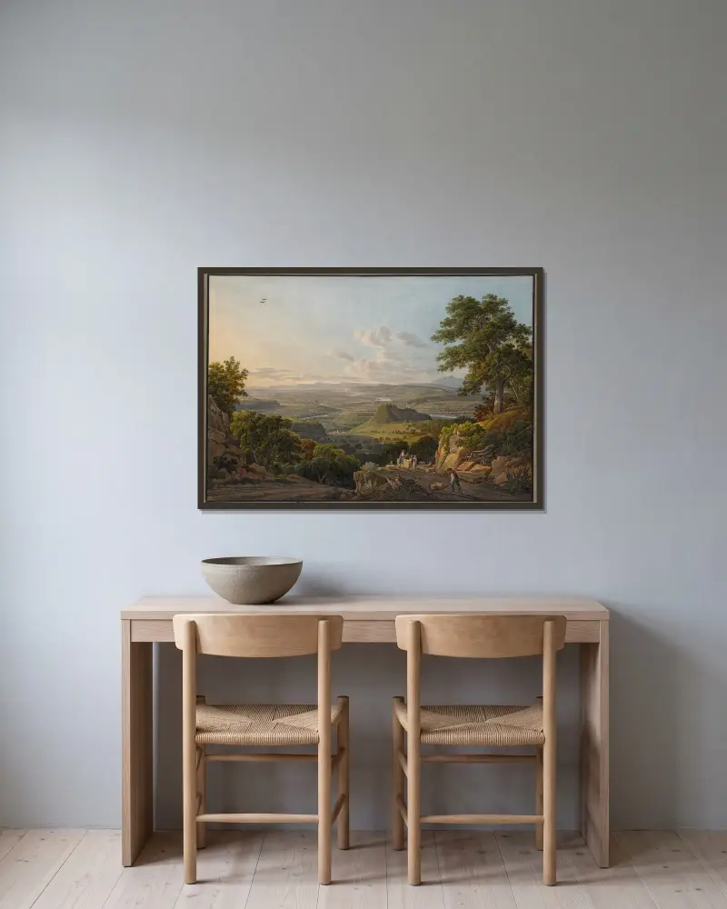 Blick vom Muttenzer Steinbruch auf Basel von Peter Birmann gerahmt an einer Wand