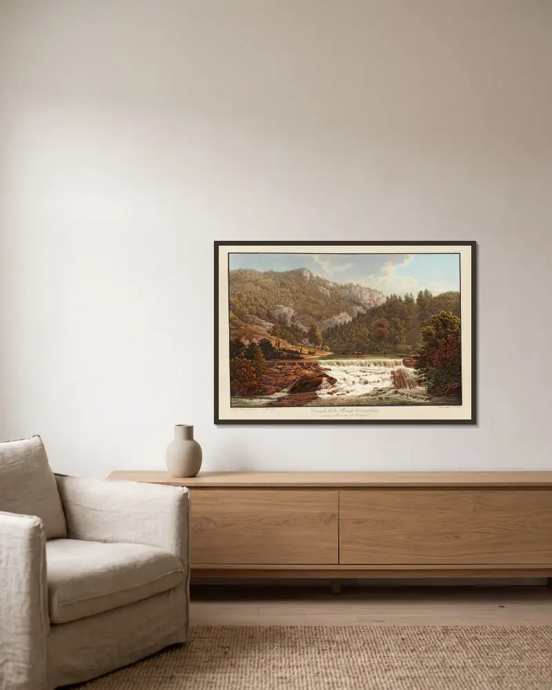 Wasserfall der Birs bei Correndelein von Peter Birmann gerahmt an einer Wand