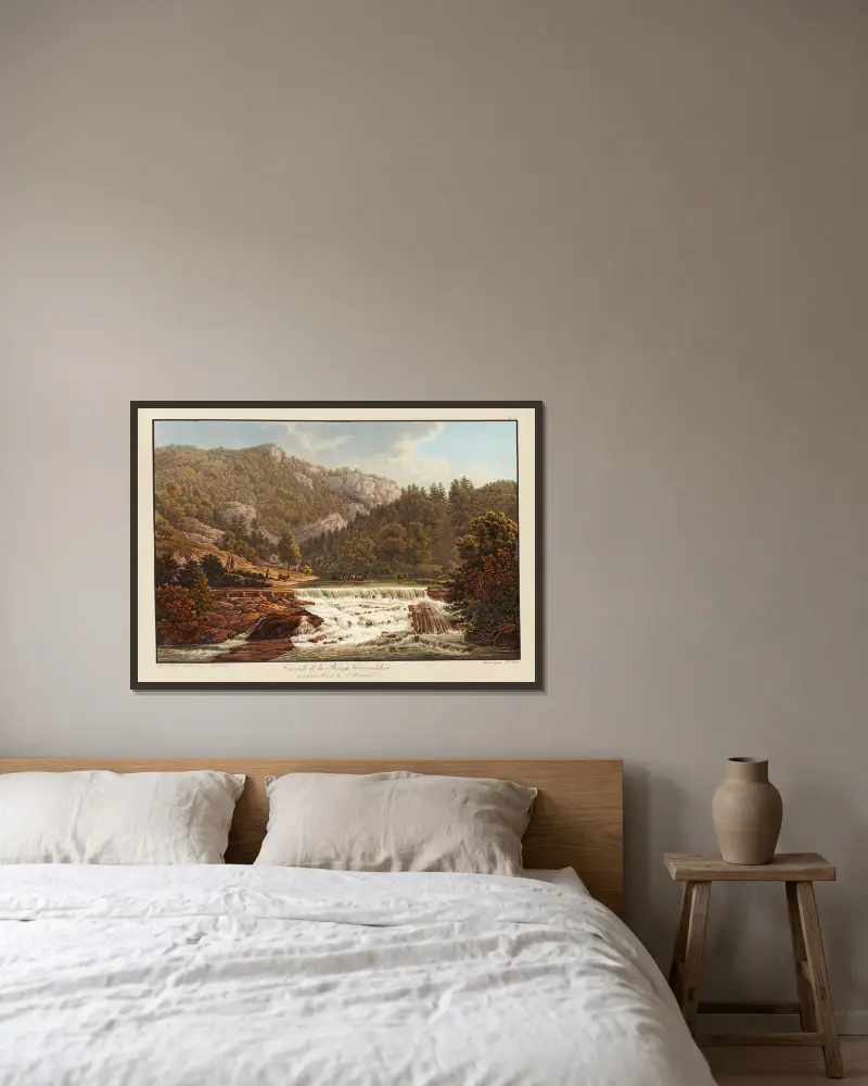 Wasserfall der Birs bei Correndelein von Peter Birmann gerahmt an einer Wand