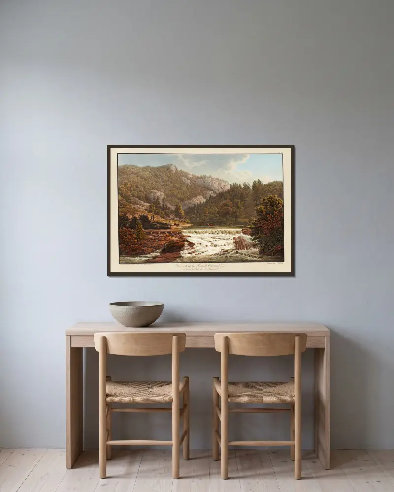 Wasserfall der Birs bei Correndelein von Peter Birmann gerahmt an einer Wand