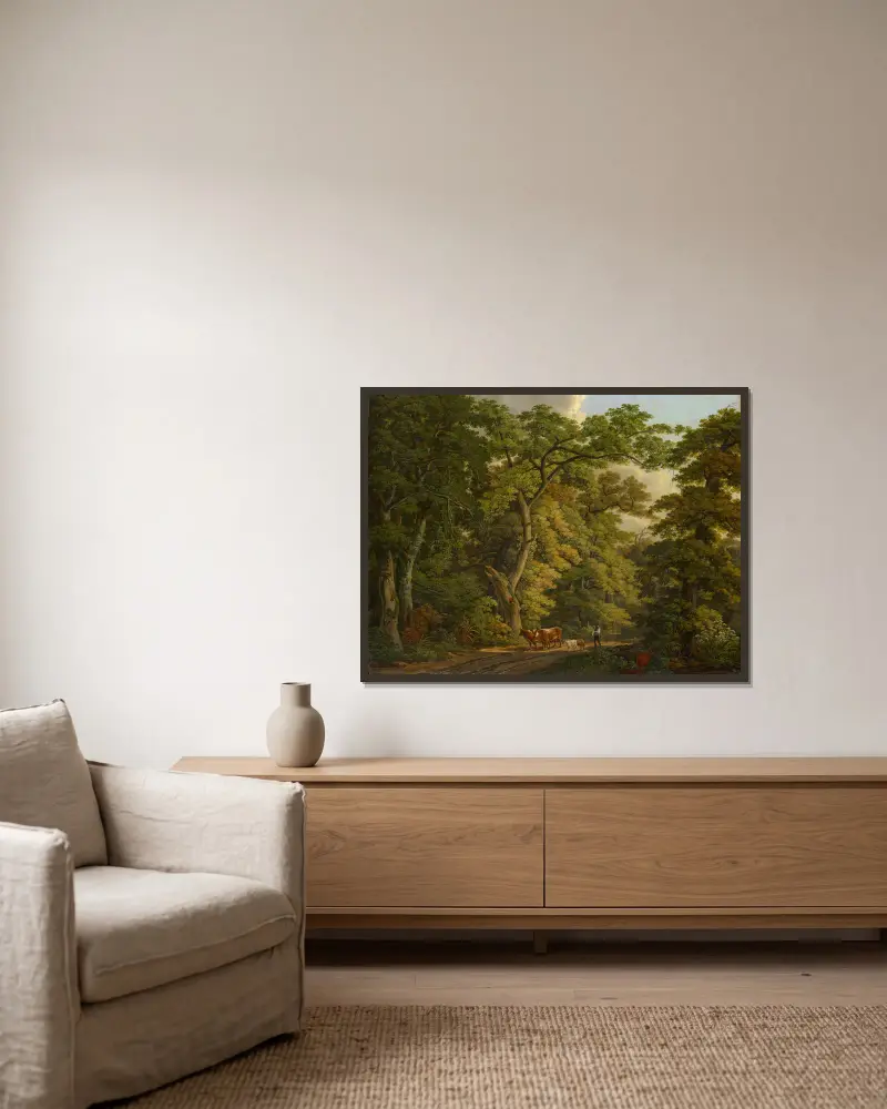 Bauer mit Vieh im Hard bei Basel von Peter Birmann gerahmt an einer Wand