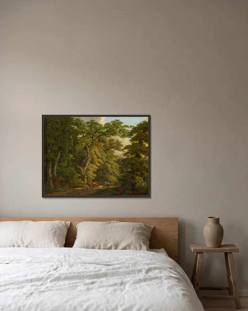 Bauer mit Vieh im Hard bei Basel von Peter Birmann gerahmt an einer Wand