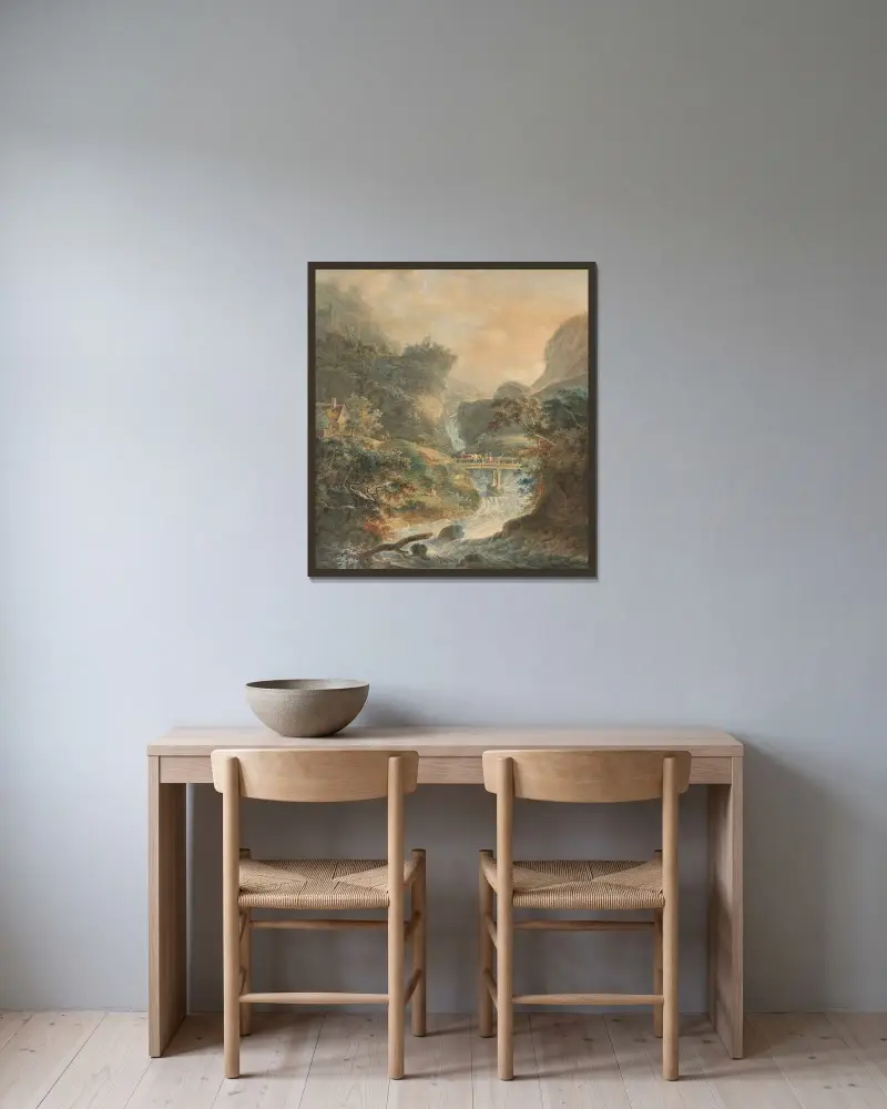Landskap med strid ström i Jurabergen av Peter Birmann inramad på en vägg