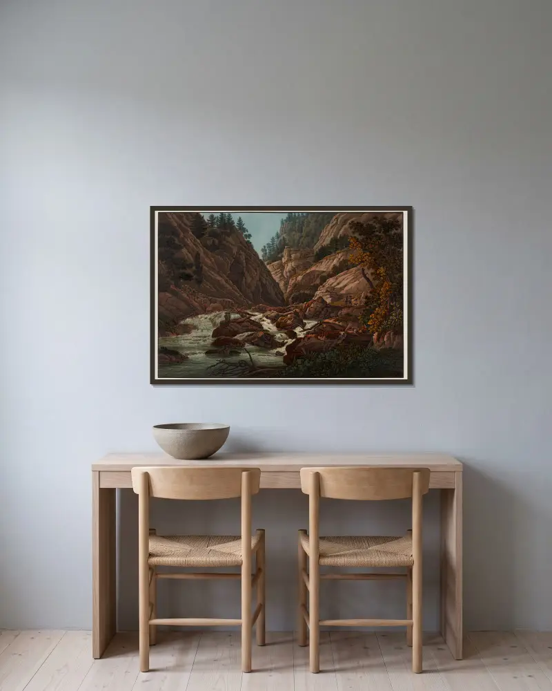 Sortie des Roches de Court av Peter Birmann inramad på en vägg