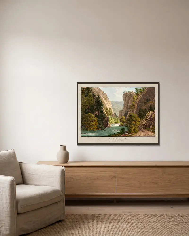 Sortie des Roches de Moutier av Peter Birmann inramad på en vägg
