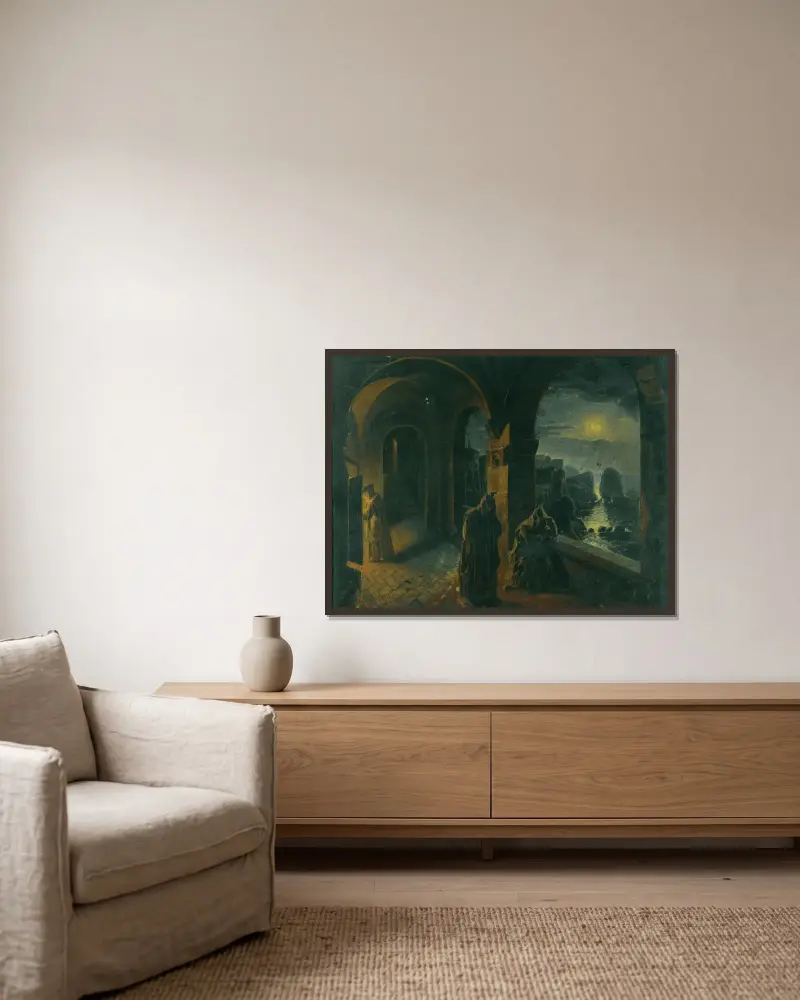 Cloister In The Moonlight av Peter Fendi inramad på en vägg