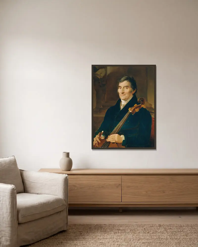Der Cellist Franz Wödl av Peter Fendi inramad på en vägg