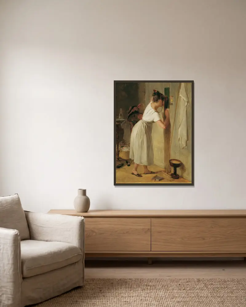 Die Lauscherin von Peter Fendi gerahmt an einer Wand
