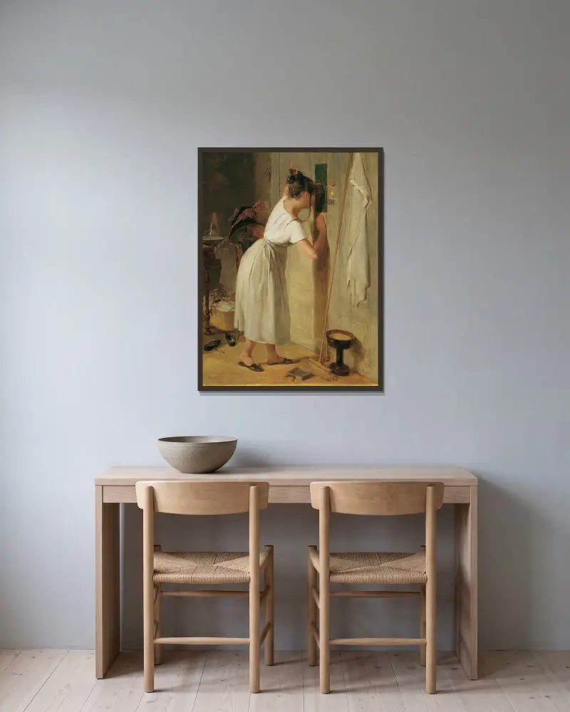 Die Lauscherin von Peter Fendi gerahmt an einer Wand