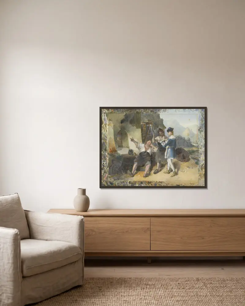 Fridolin And Two Workmen By The Forge av Peter Fendi inramad på en vägg