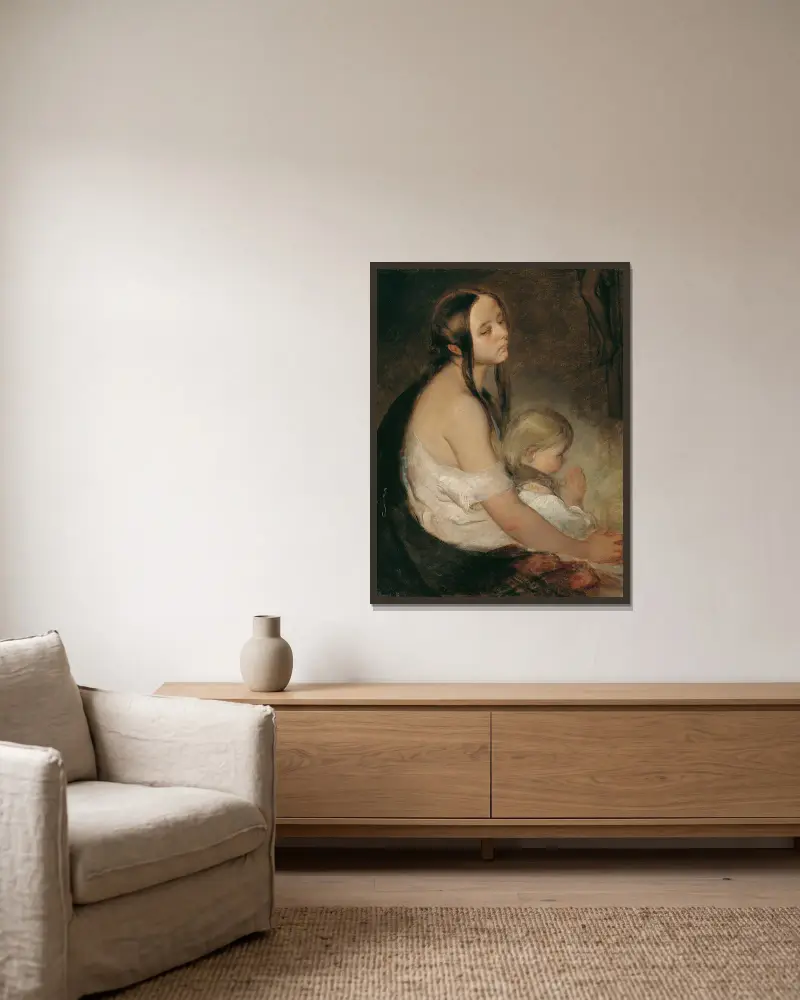 Mother With Child Under The Crucifix av Peter Fendi inramad på en vägg