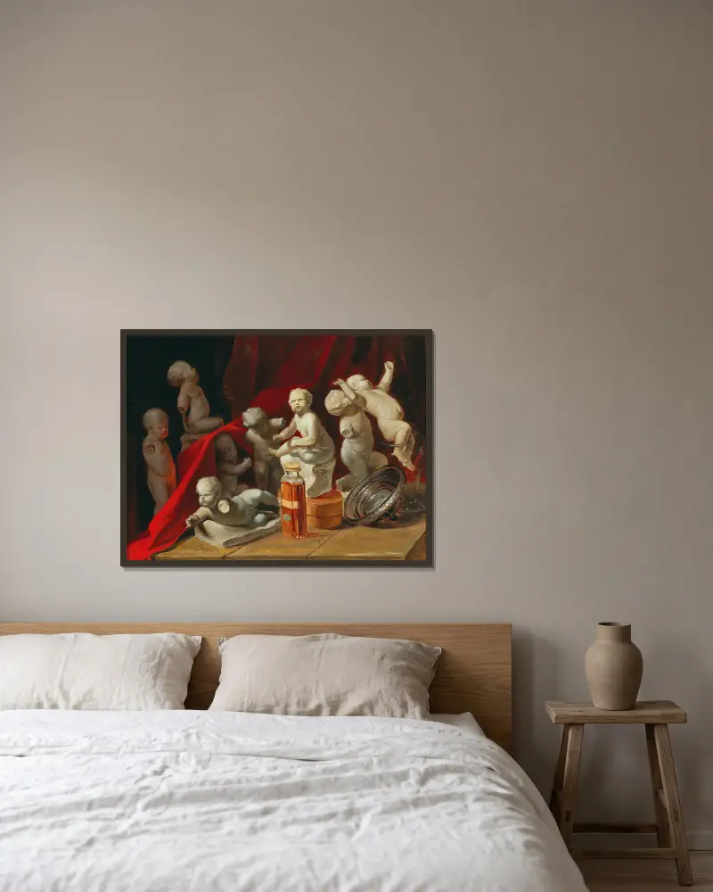 Still Life with Putti av Peter Fendi inramad på en vägg