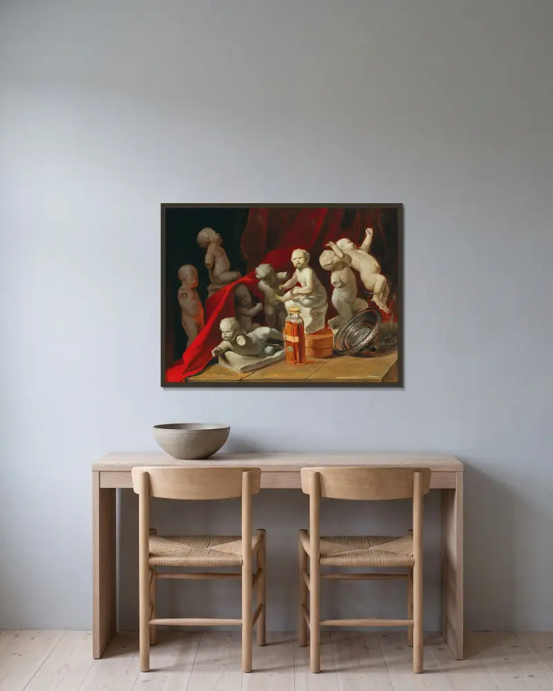 Still Life with Putti av Peter Fendi inramad på en vägg