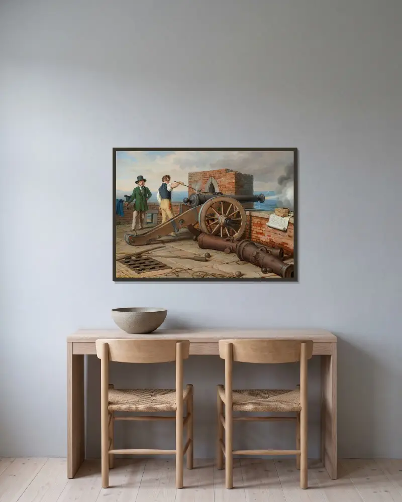 Künstlerfreunde lösen einen Kanonenschuss auf der Festung Michele bei Ostia (Ferdinand Jagemann und Peter Krafft) av Johann Peter Krafft inramad på en vägg