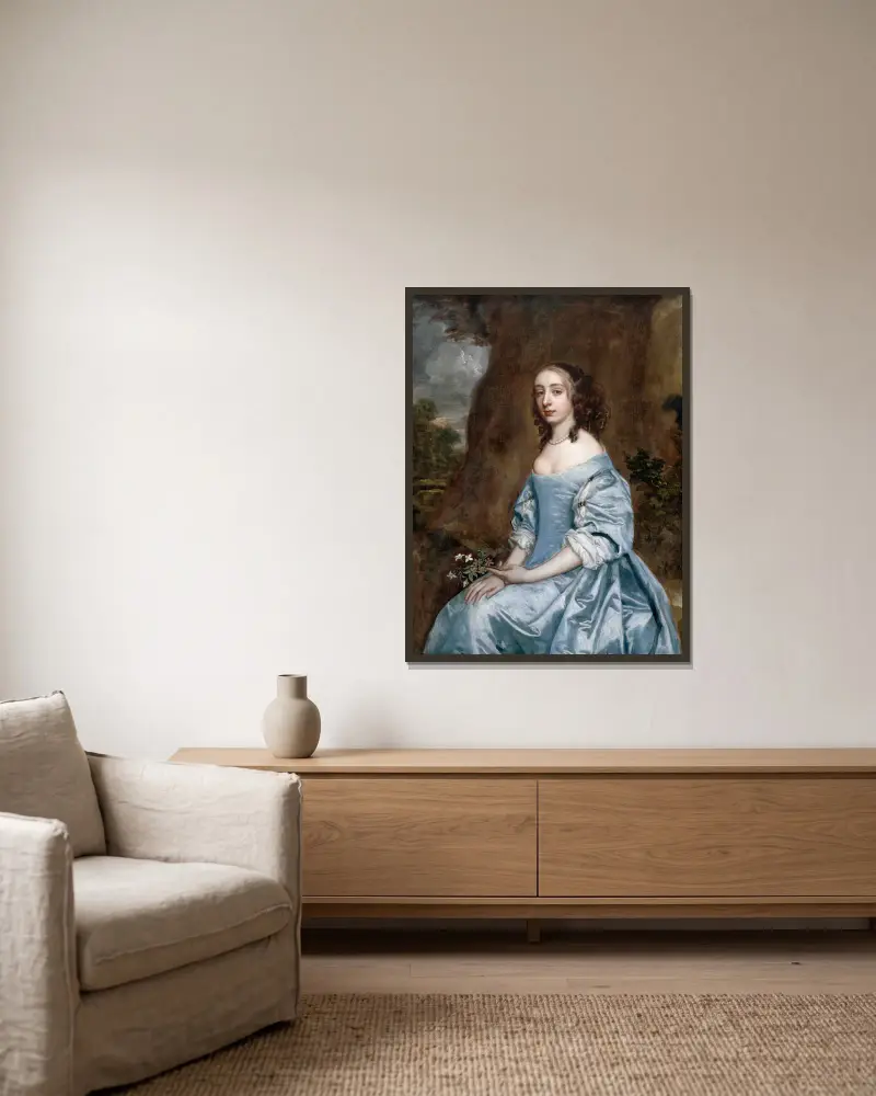 Portrait of a Lady in Blue holding a Flower av Sir Peter Lely inramad på en vägg
