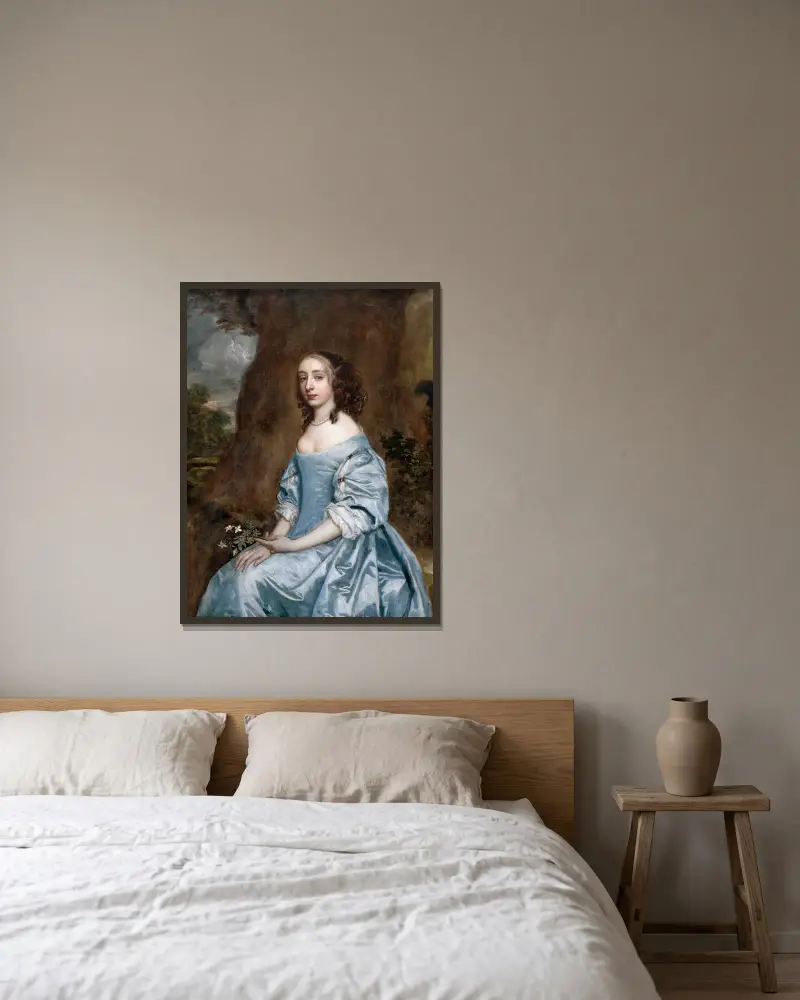 Portrait of a Lady in Blue holding a Flower av Sir Peter Lely inramad på en vägg