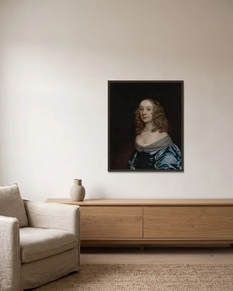 Porträt einer Dame, möglicherweise Ann St John Wilmot von Sir Peter Lely gerahmt an einer Wand
