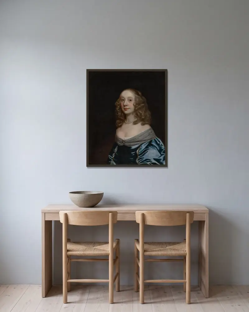 Porträt einer Dame, möglicherweise Ann St John Wilmot von Sir Peter Lely gerahmt an einer Wand