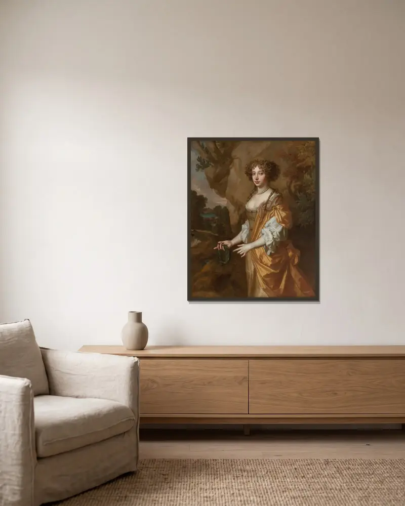 Porträt einer Dame, angeblich Nell Gwyn von Sir Peter Lely gerahmt an einer Wand