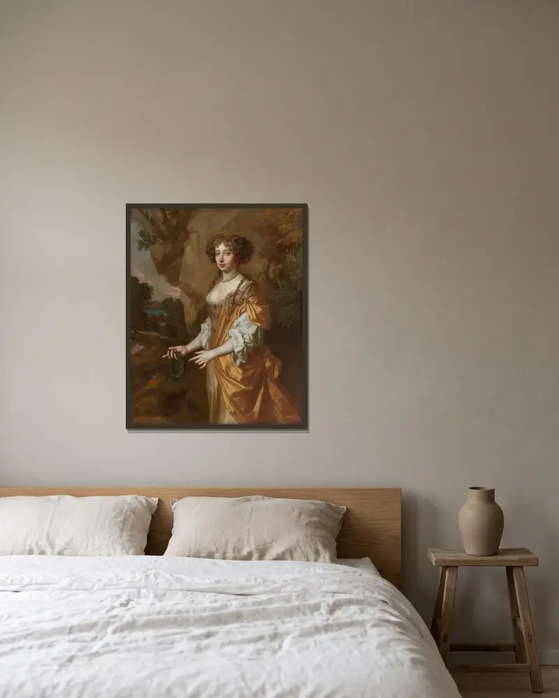Porträt einer Dame, angeblich Nell Gwyn von Sir Peter Lely gerahmt an einer Wand