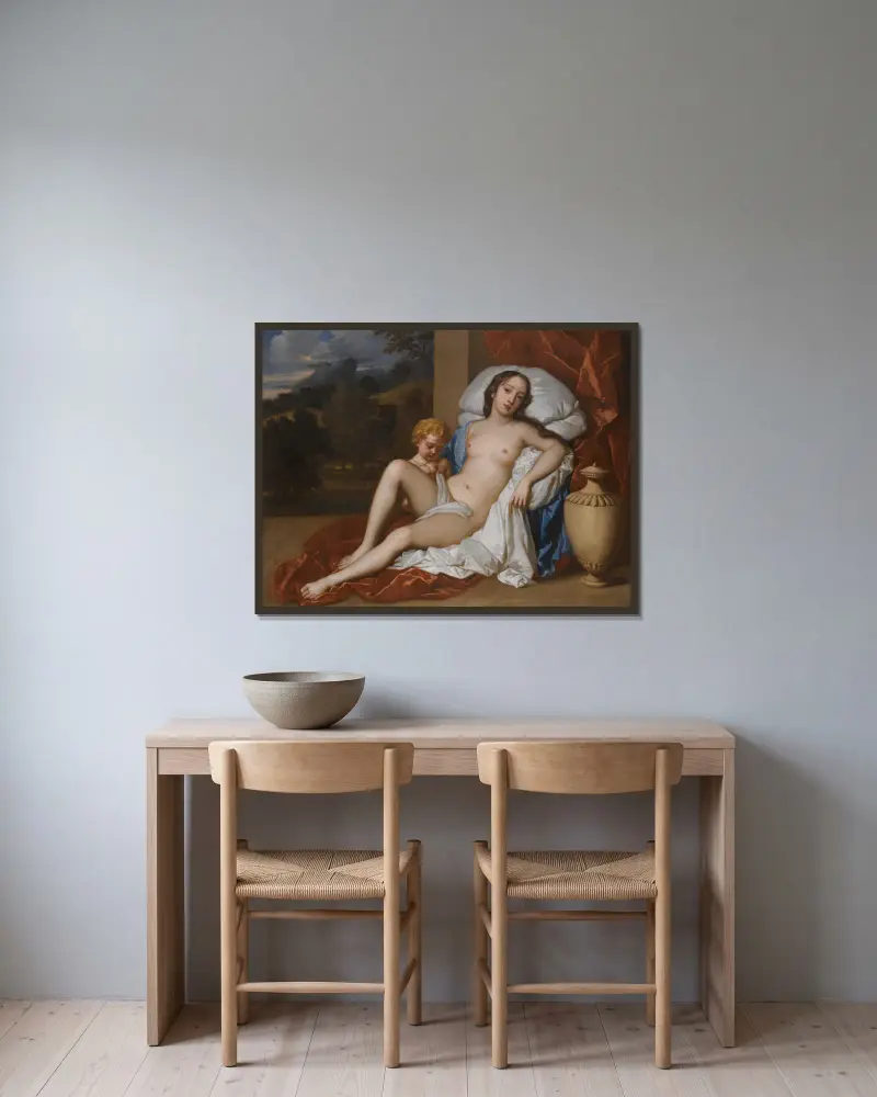 Porträtt av en ung kvinna och ett barn, som Venus och Amor, nästan säkert Nell Gwyn av Sir Peter Lely inramad på en vägg