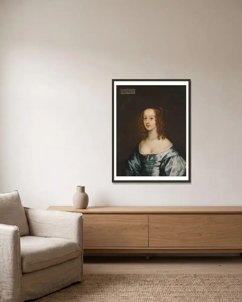 Portrait of Lady Diana Grey, Countess of Ailsbury (D.1689) av Sir Peter Lely inramad på en vägg
