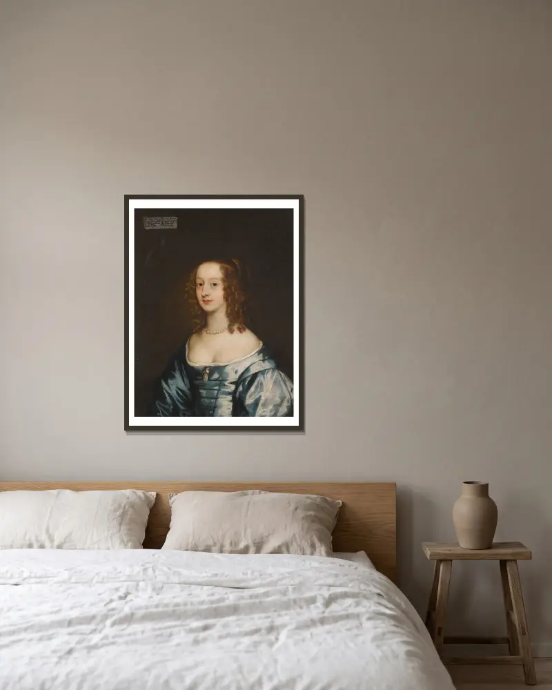 Portrait of Lady Diana Grey, Countess of Ailsbury (D.1689) av Sir Peter Lely inramad på en vägg