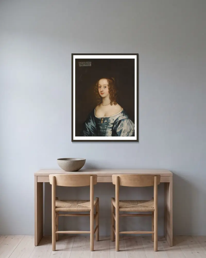 Portrait of Lady Diana Grey, Countess of Ailsbury (D.1689) av Sir Peter Lely inramad på en vägg