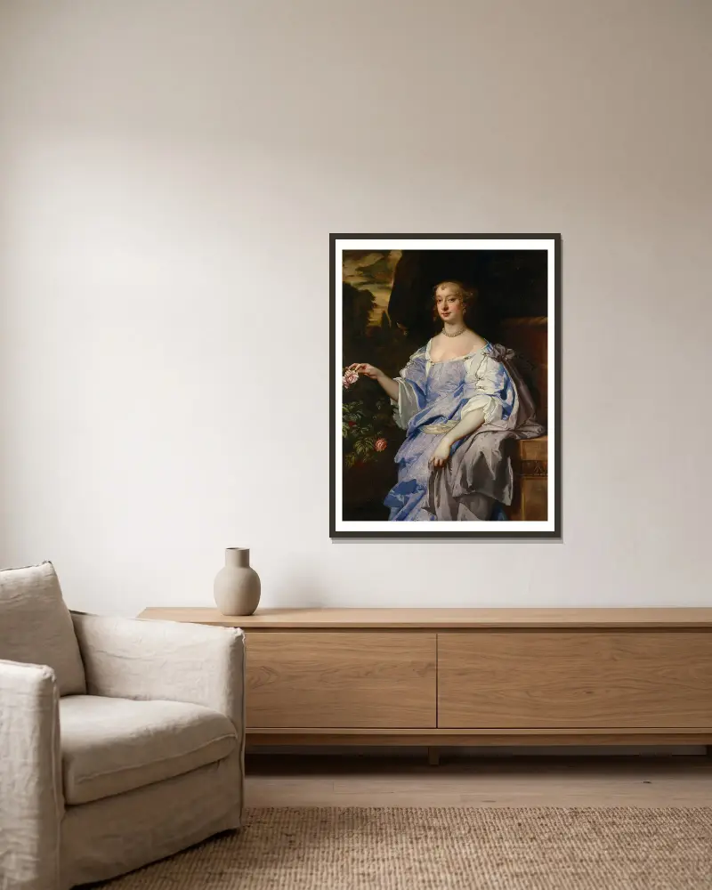 Portrait of Lady Penelope Spencer av Sir Peter Lely inramad på en vägg