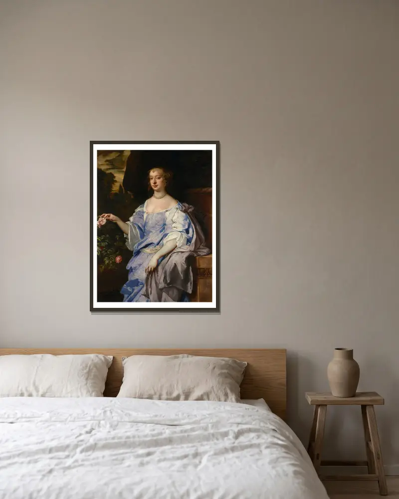 Portrait of Lady Penelope Spencer av Sir Peter Lely inramad på en vägg