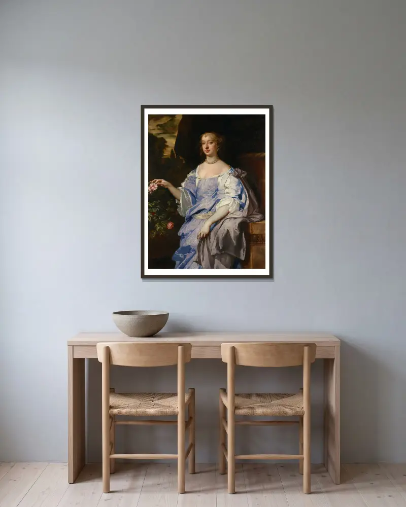 Portrait of Lady Penelope Spencer av Sir Peter Lely inramad på en vägg