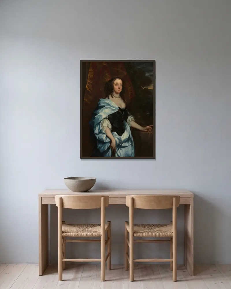 Portrait of Mrs. Leneve av Sir Peter Lely inramad på en vägg