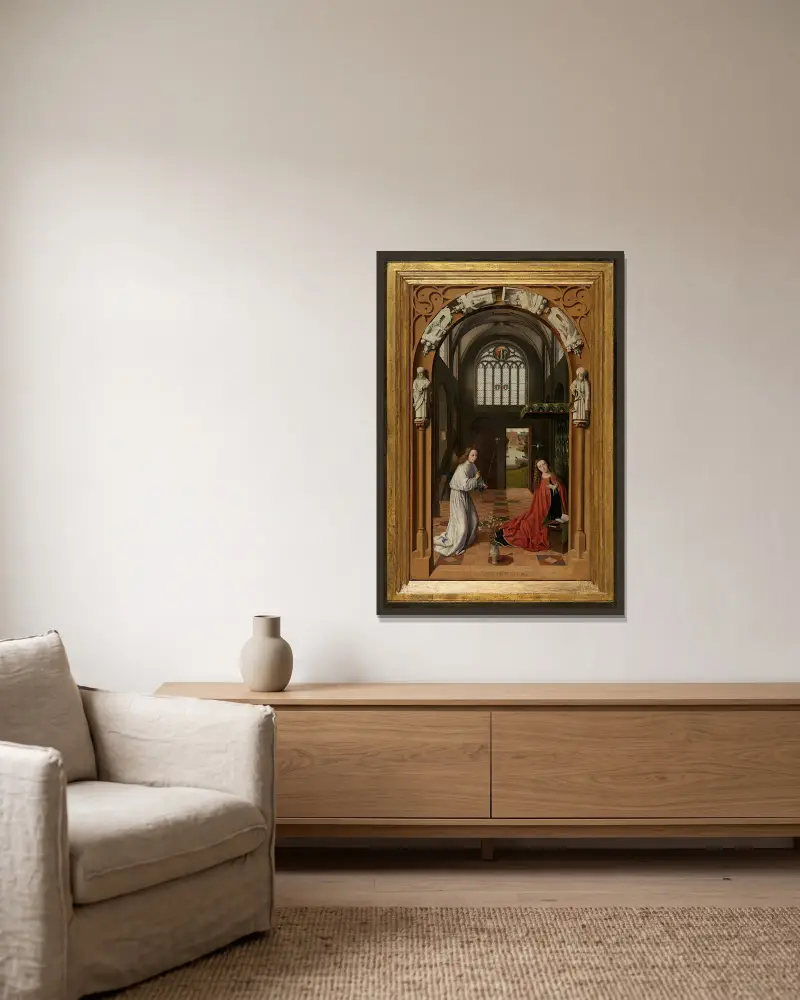 Verkündigung, 1452 von Petrus Christus gerahmt an einer Wand