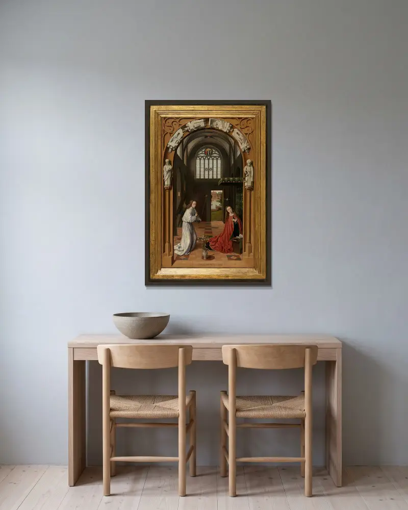 Verkündigung, 1452 von Petrus Christus gerahmt an einer Wand
