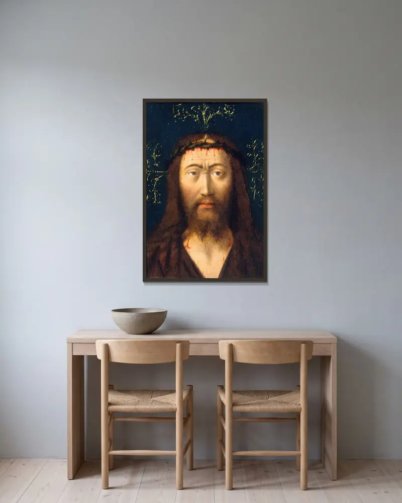 Head of Christ av Petrus Christus inramad på en vägg