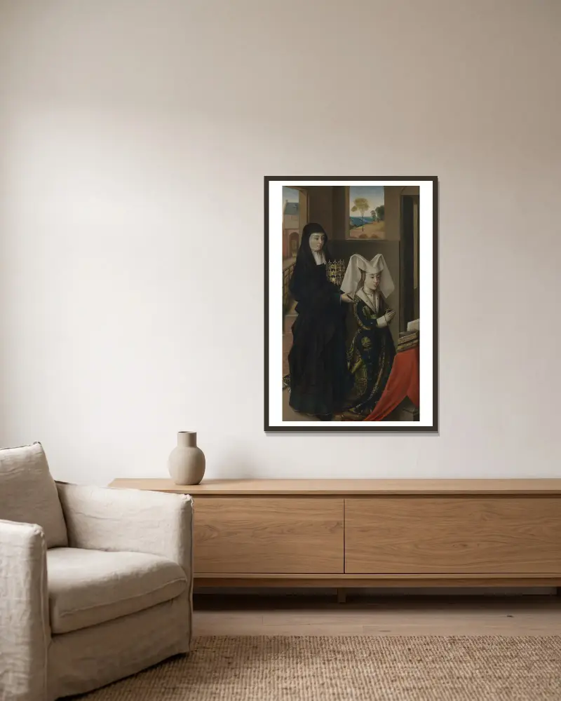 Isabella of Portugal with Saint Elisabeth av Petrus Christus inramad på en vägg