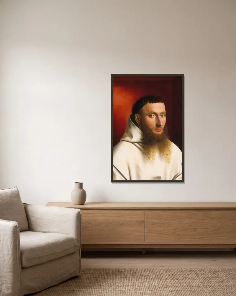 Portrait of a Carthusian av Petrus Christus inramad på en vägg