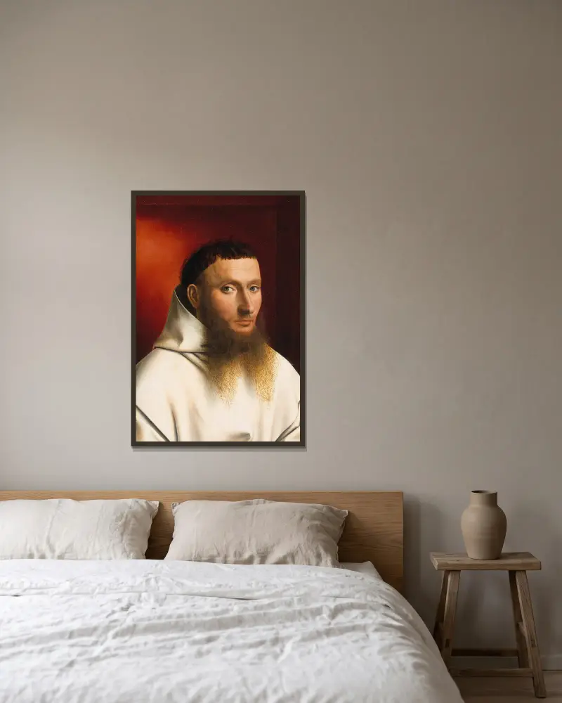 Portrait of a Carthusian av Petrus Christus inramad på en vägg