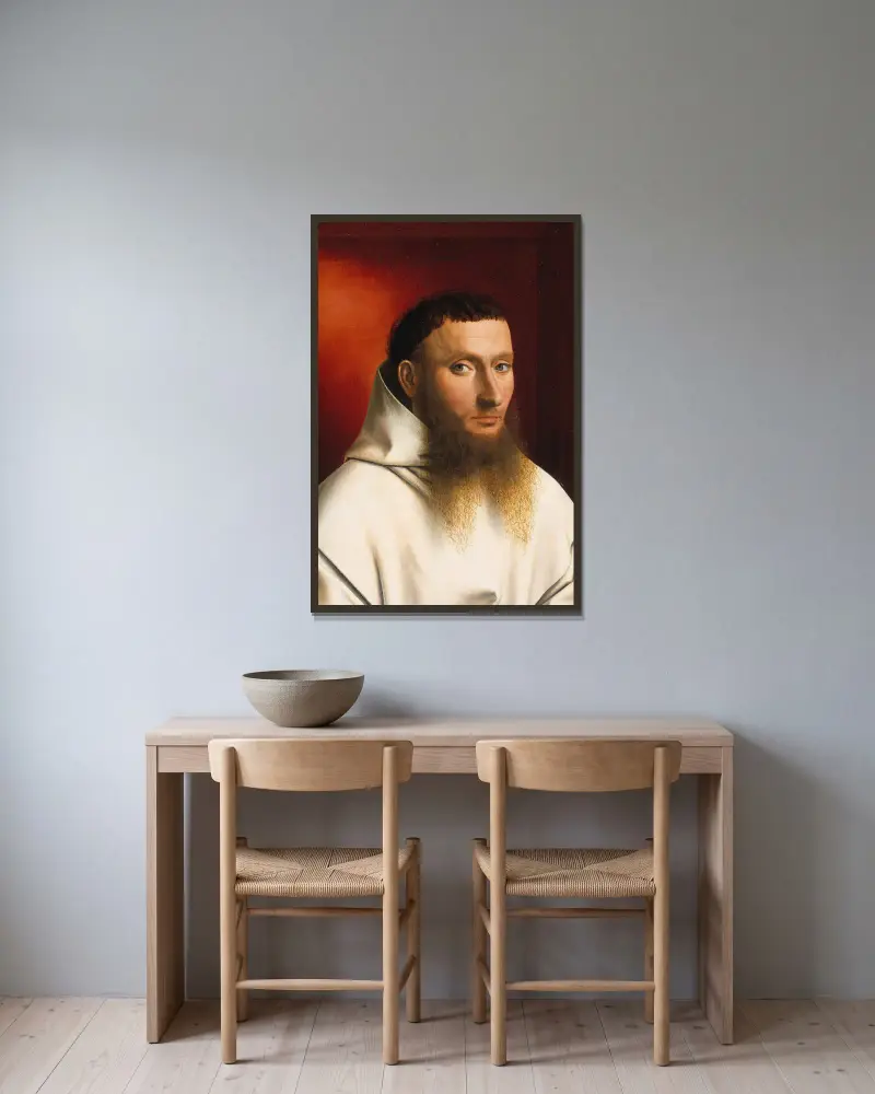 Portrait of a Carthusian av Petrus Christus inramad på en vägg