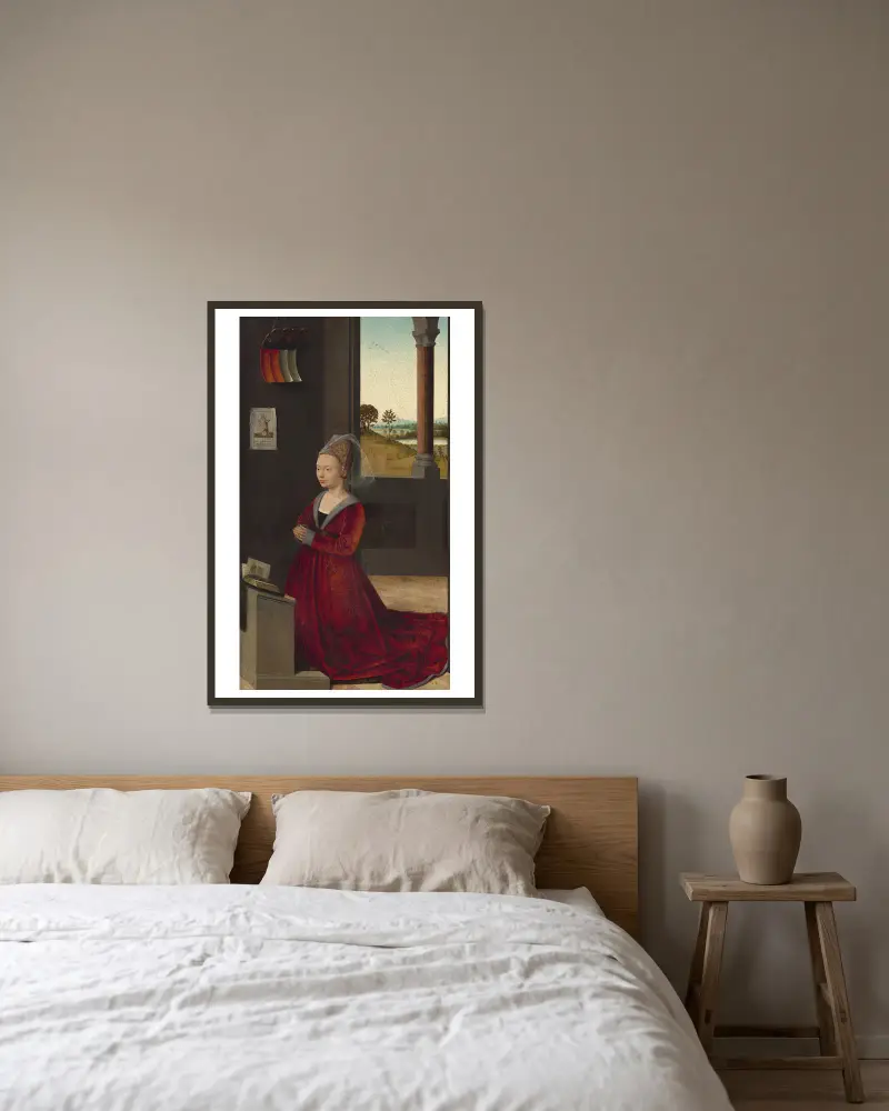 Portrait of a Female Donor av Petrus Christus inramad på en vägg