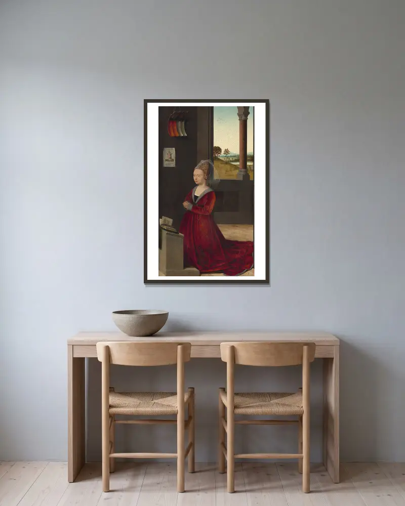 Portrait of a Female Donor av Petrus Christus inramad på en vägg