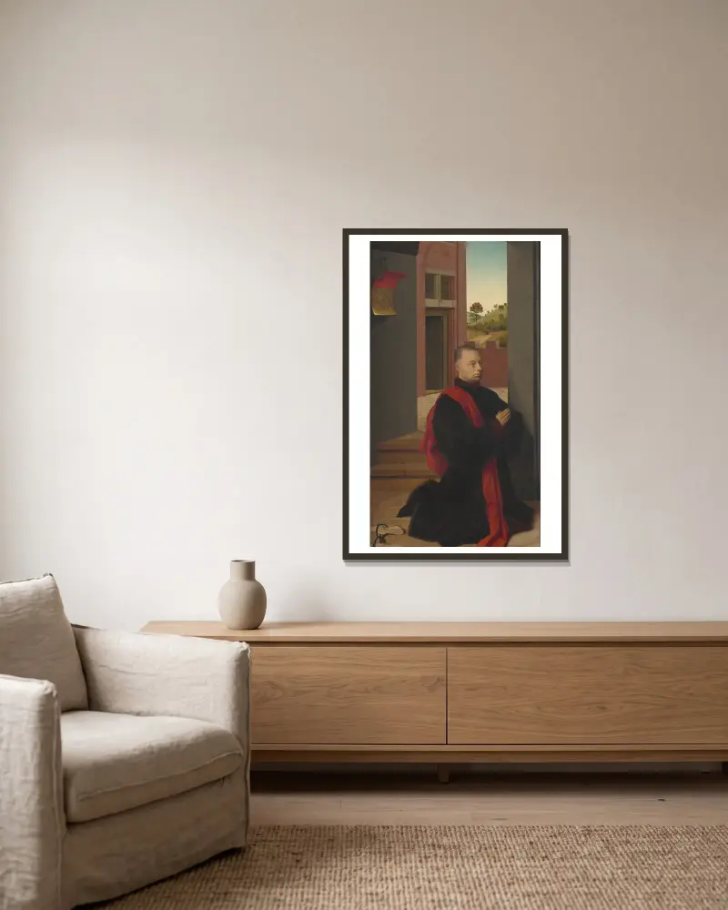 Bildnis eines männlichen Stifters von Petrus Christus gerahmt an einer Wand