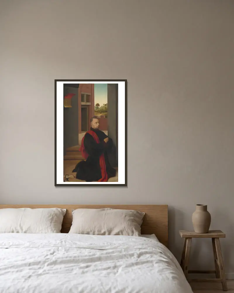 Bildnis eines männlichen Stifters von Petrus Christus gerahmt an einer Wand