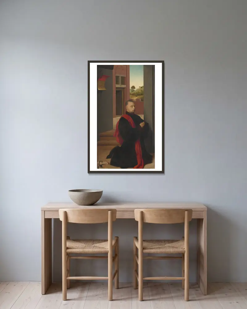 Bildnis eines männlichen Stifters von Petrus Christus gerahmt an einer Wand