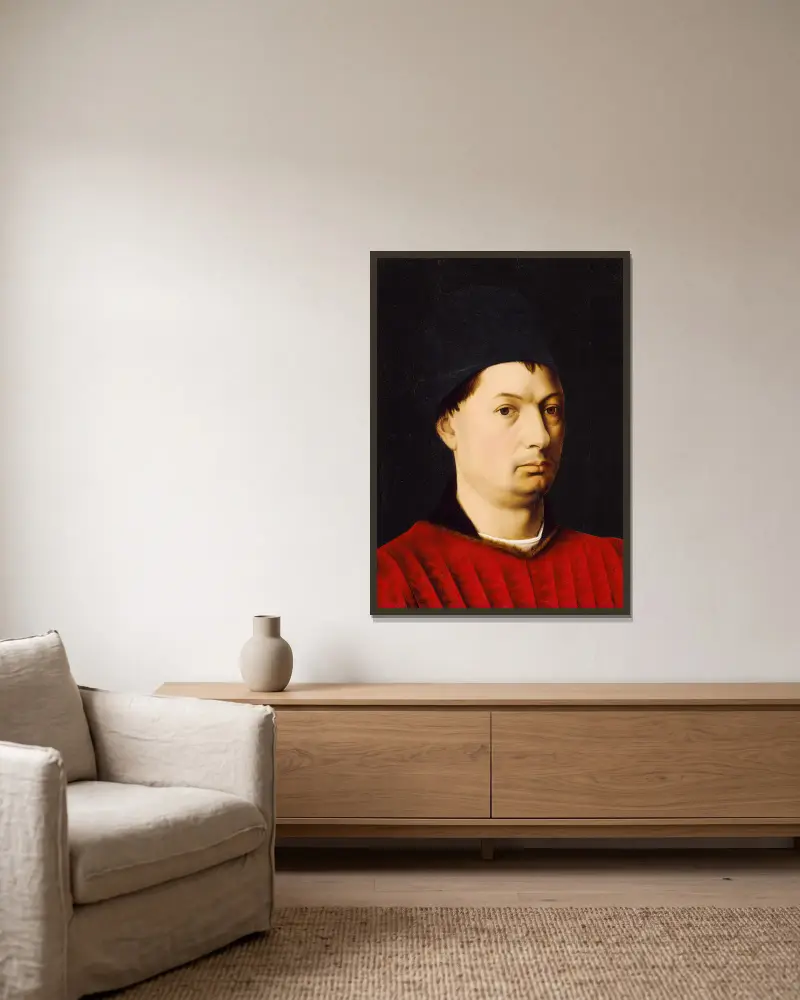 Portrait of a Man av Petrus Christus inramad på en vägg