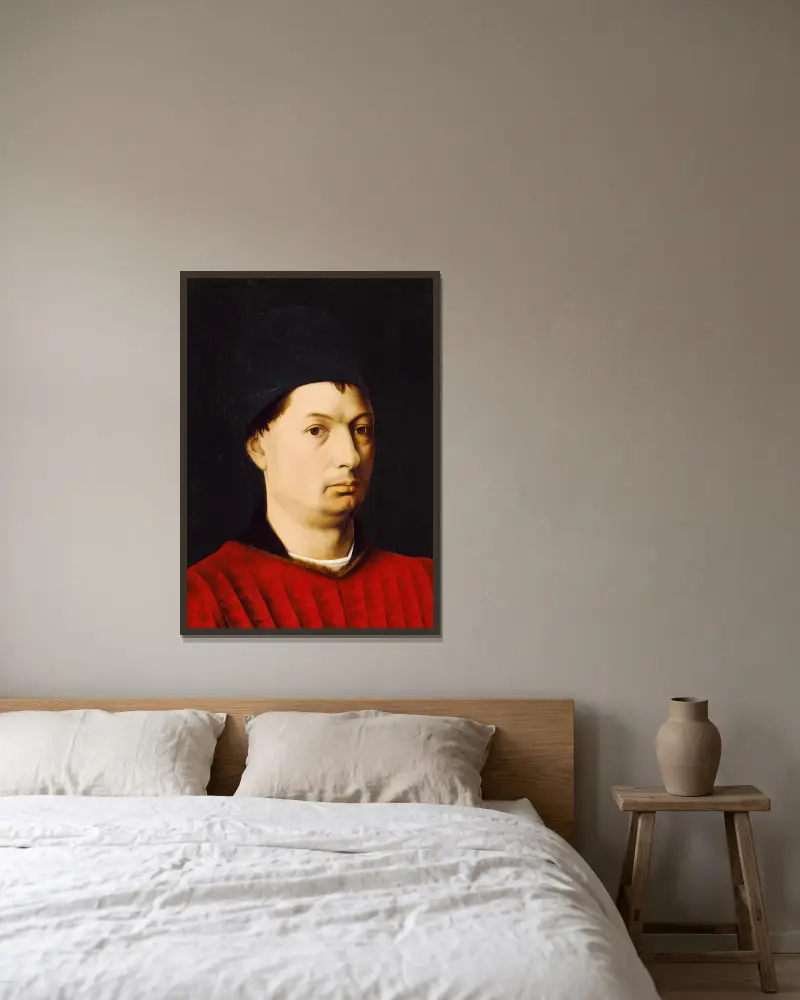 Portrait of a Man av Petrus Christus inramad på en vägg