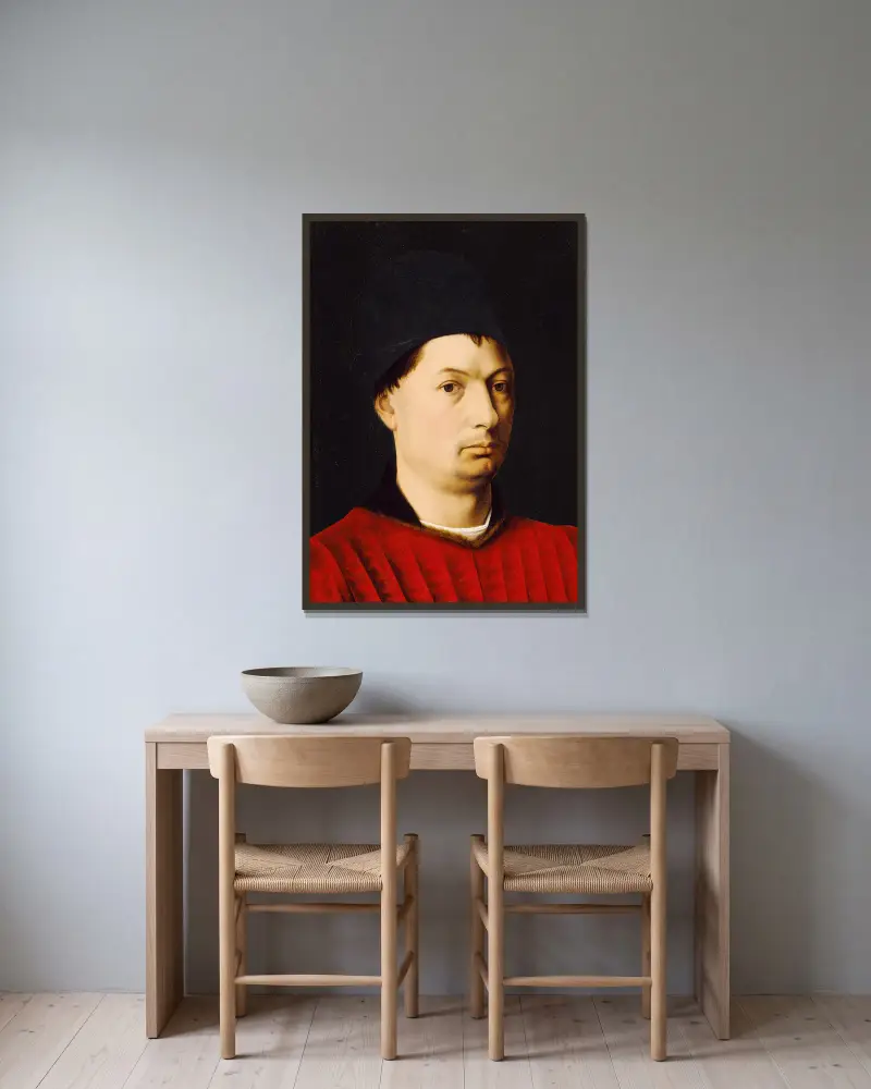 Portrait of a Man av Petrus Christus inramad på en vägg