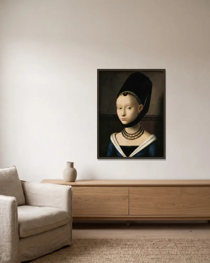 Portrait of a Young Woman av Petrus Christus inramad på en vägg